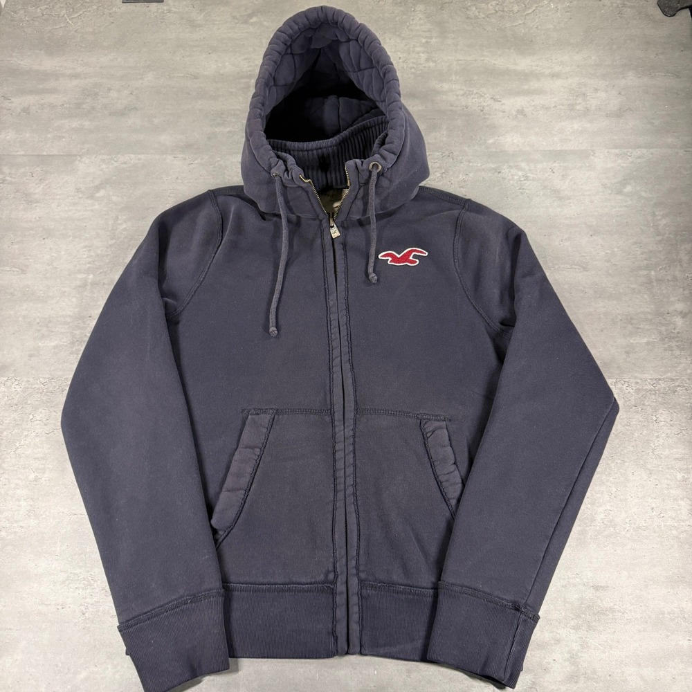 Vintage Hollister Full Zip Hoodie Large Navy Blue Embroidered Logo Inner Collar